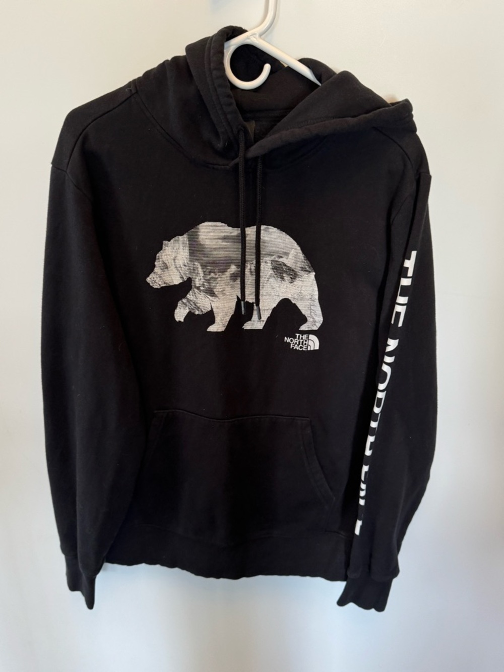 Black North Face Hoodie with Bear, Size Large